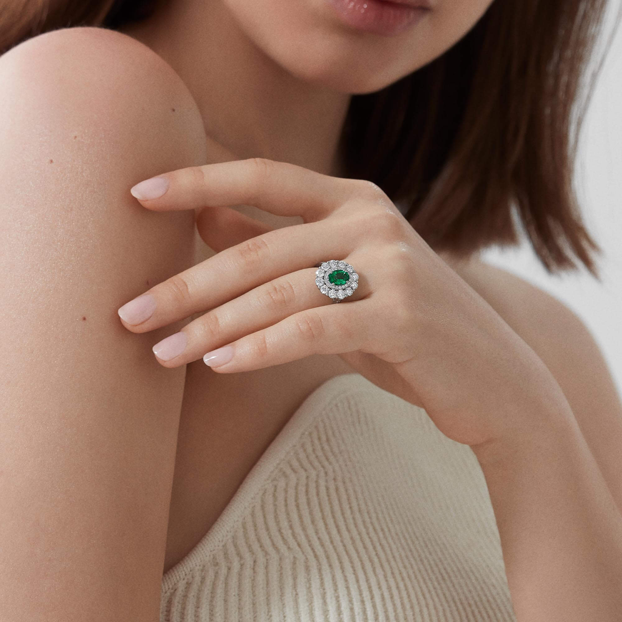 1735 Double Cluster Emerald Ring In Platinum with Diamonds