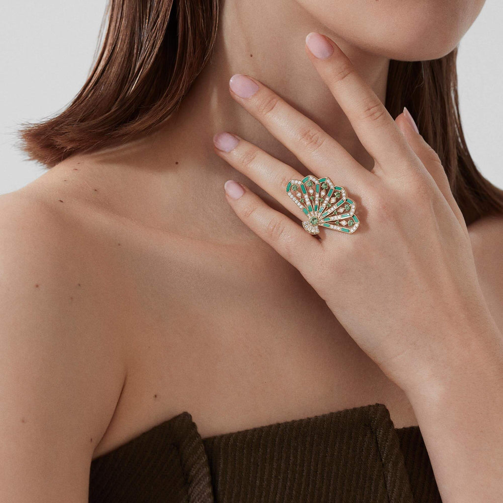 0011 Garrard Fanfare Symphony Diamond and Tsavorite Ring In 18ct Yellow Gold with Apple Malachite 2018749 Model