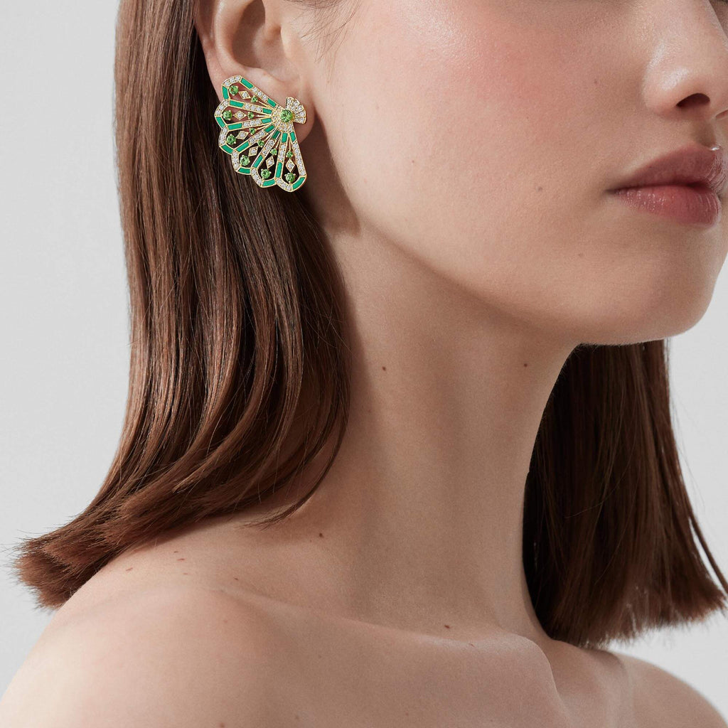 0050 Garrard Fanfare Symphony Diamond and Tsavorite Earrings In 18ct Yellow Gold with Apple Malachite 2018741 Model