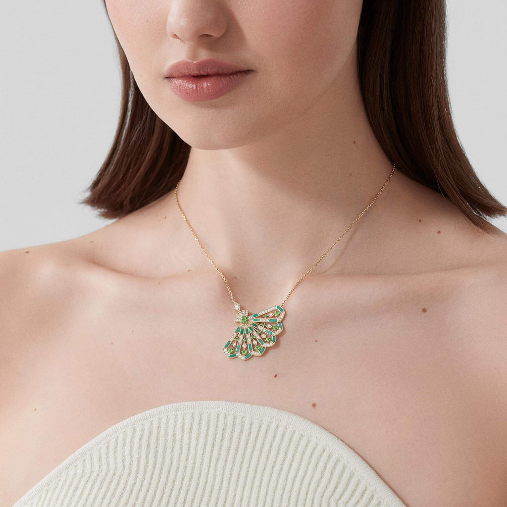 0059 Garrard Fanfare Symphony Diamond and Tsavorite Pendant In 18ct Yellow Gold with Apple Malachite 2018737 Model