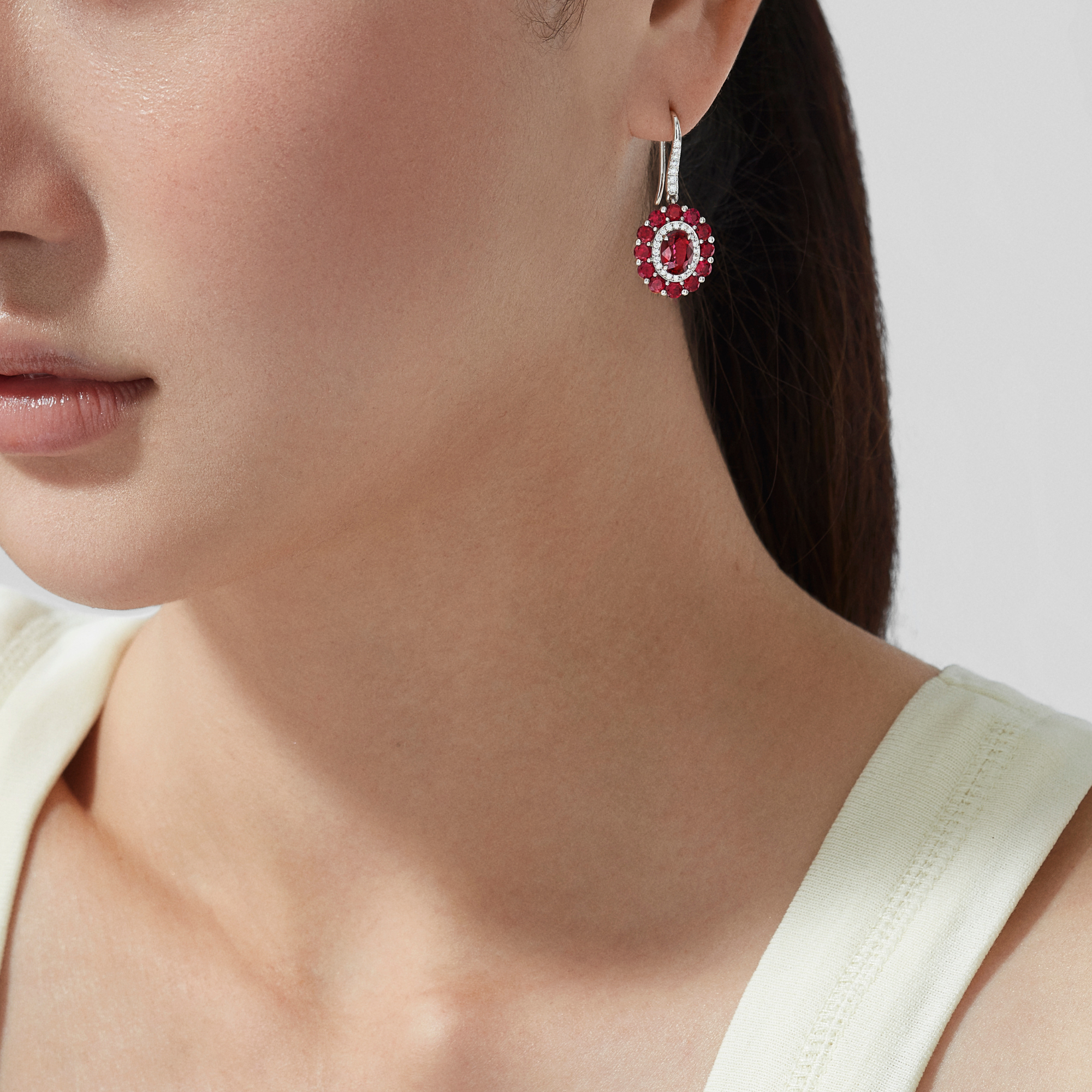 1735 Double Colour Cluster Ruby Drop Earrings | In Platinum with Diamonds