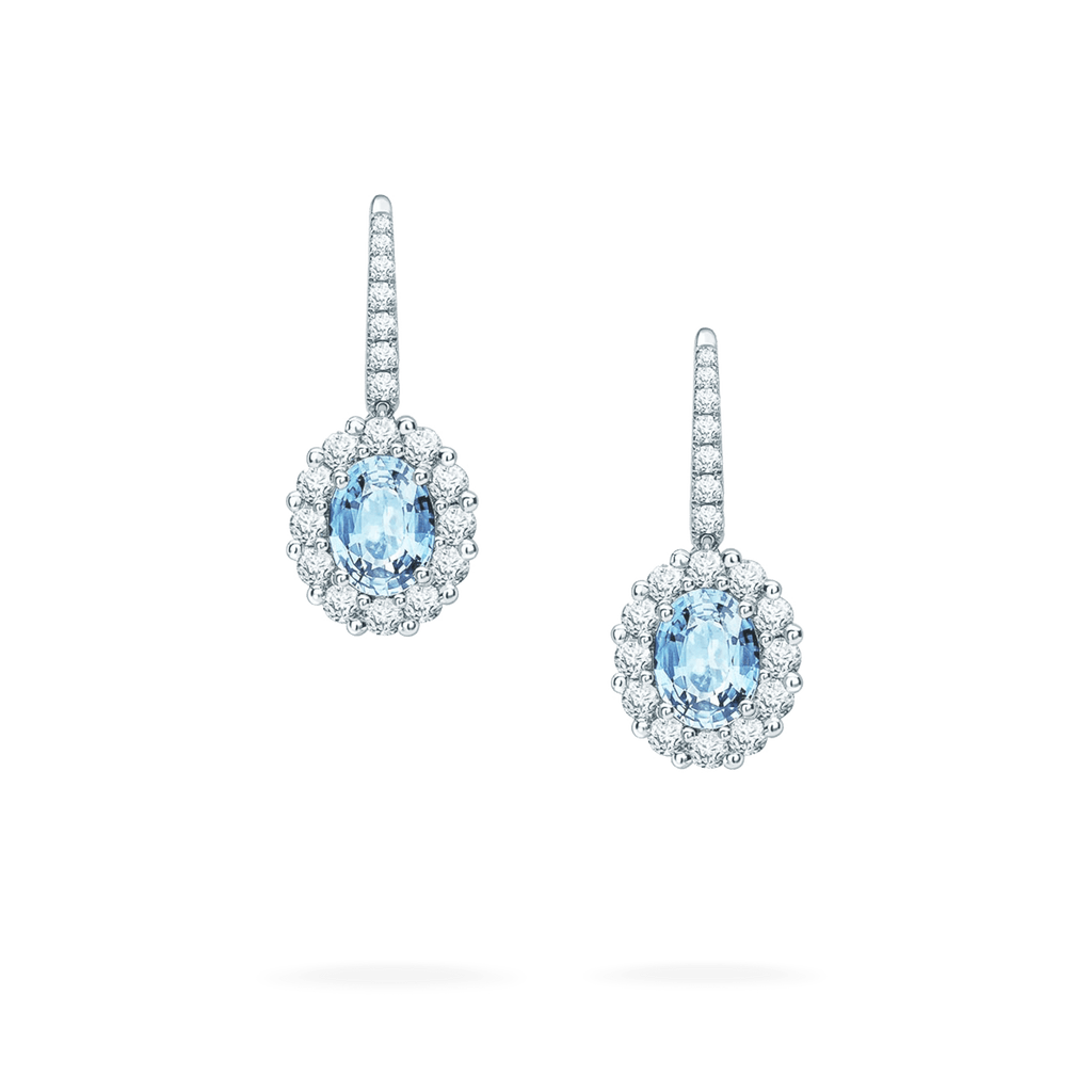 Garrard 1735 collection Aquamarine Oval Drop Earrings in platinum with Diamonds JE17PT13 Hero View