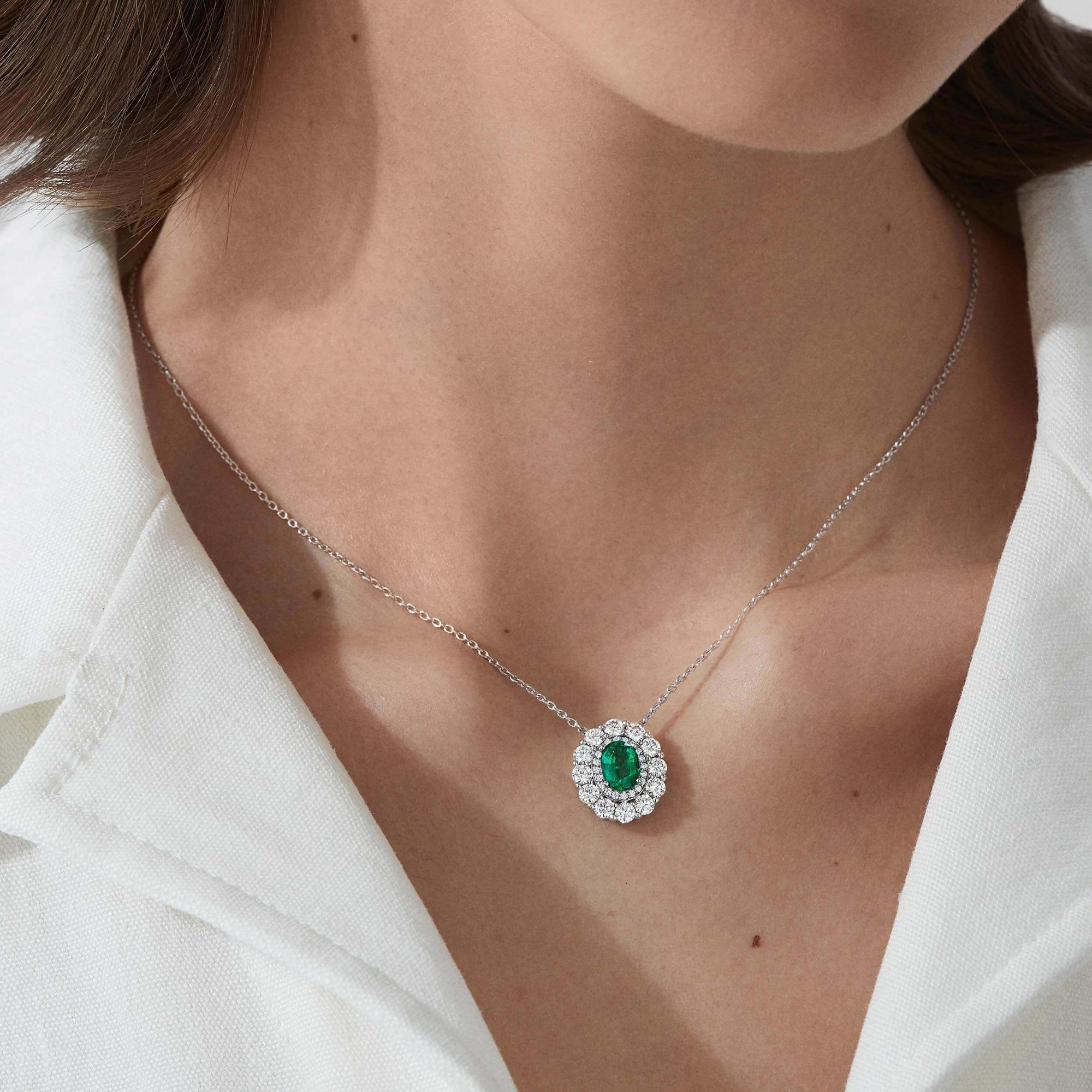 Garrard 1735 collection Double Cluster Emerald Oval Pendant in platinum with diamonds JP17PT08 Model View