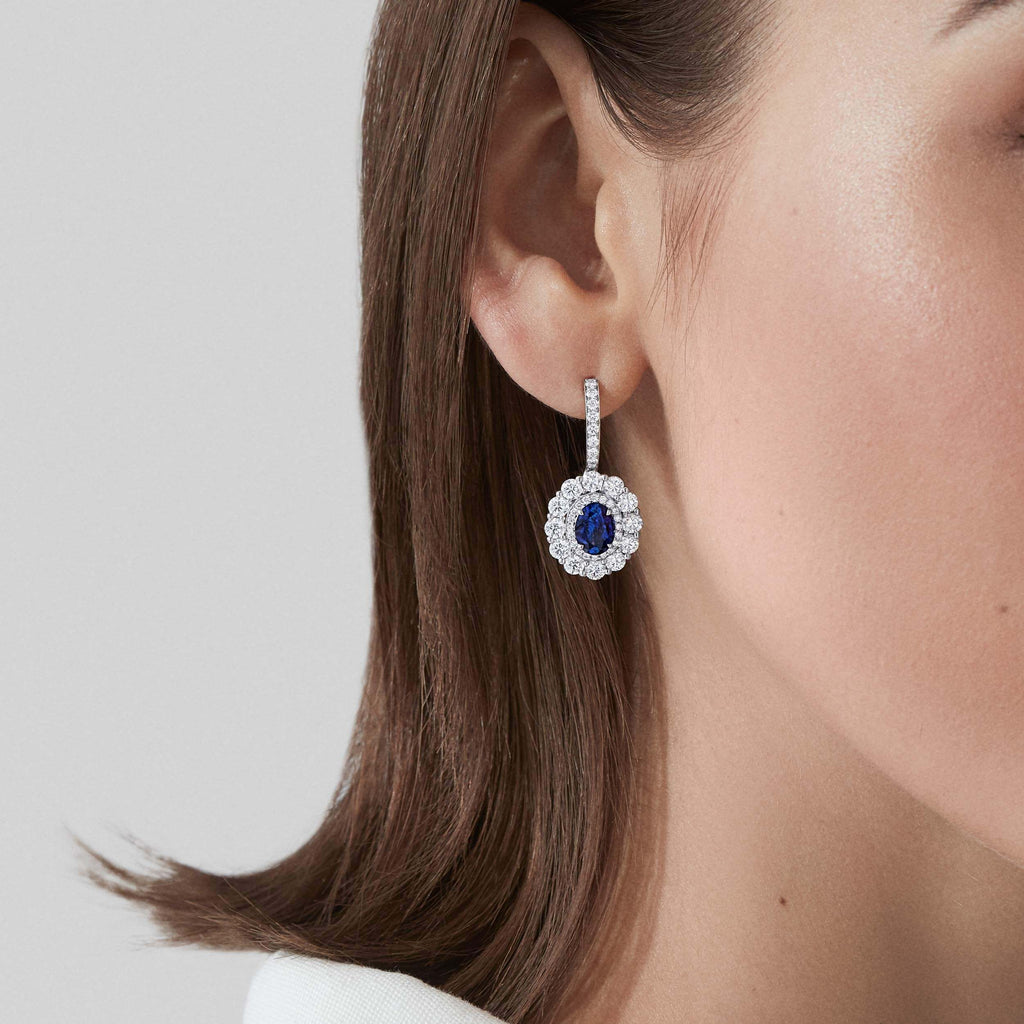 Garrard 1735 collection Double Cluster Sapphire Oval Drop Earrings in platinum with diamonds JE17PT16 Model View