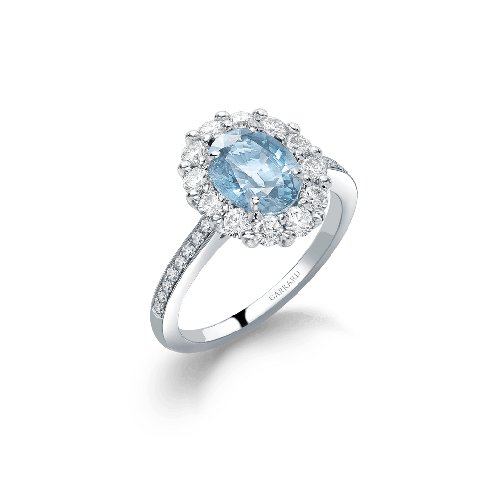 Garrard 1735 collection jewellery Aquamarine Oval Ring In Platinum with Diamonds JR17PT10 Hero View