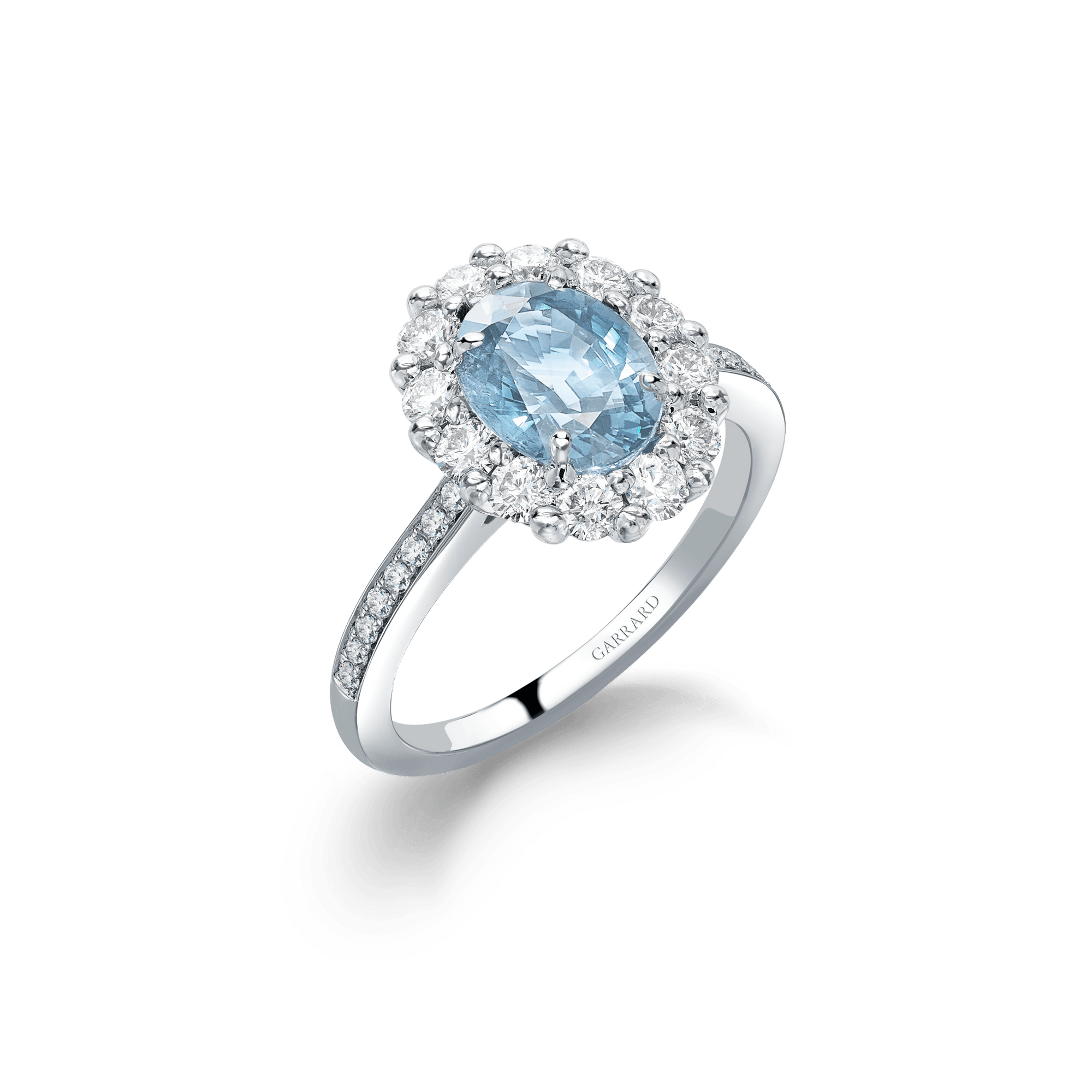 Garrard 1735 collection jewellery Aquamarine Oval Ring In Platinum with Diamonds JR17PT10 Hero View