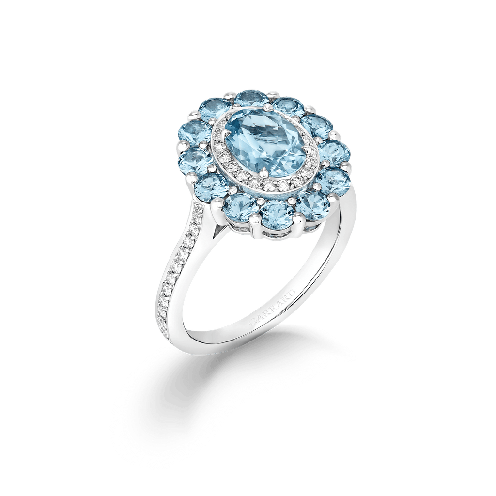 Garrard 1735 jewellery colelction Double Colour Cluster Aquamarine Ring In Platinum with Diamonds JR17PT20
