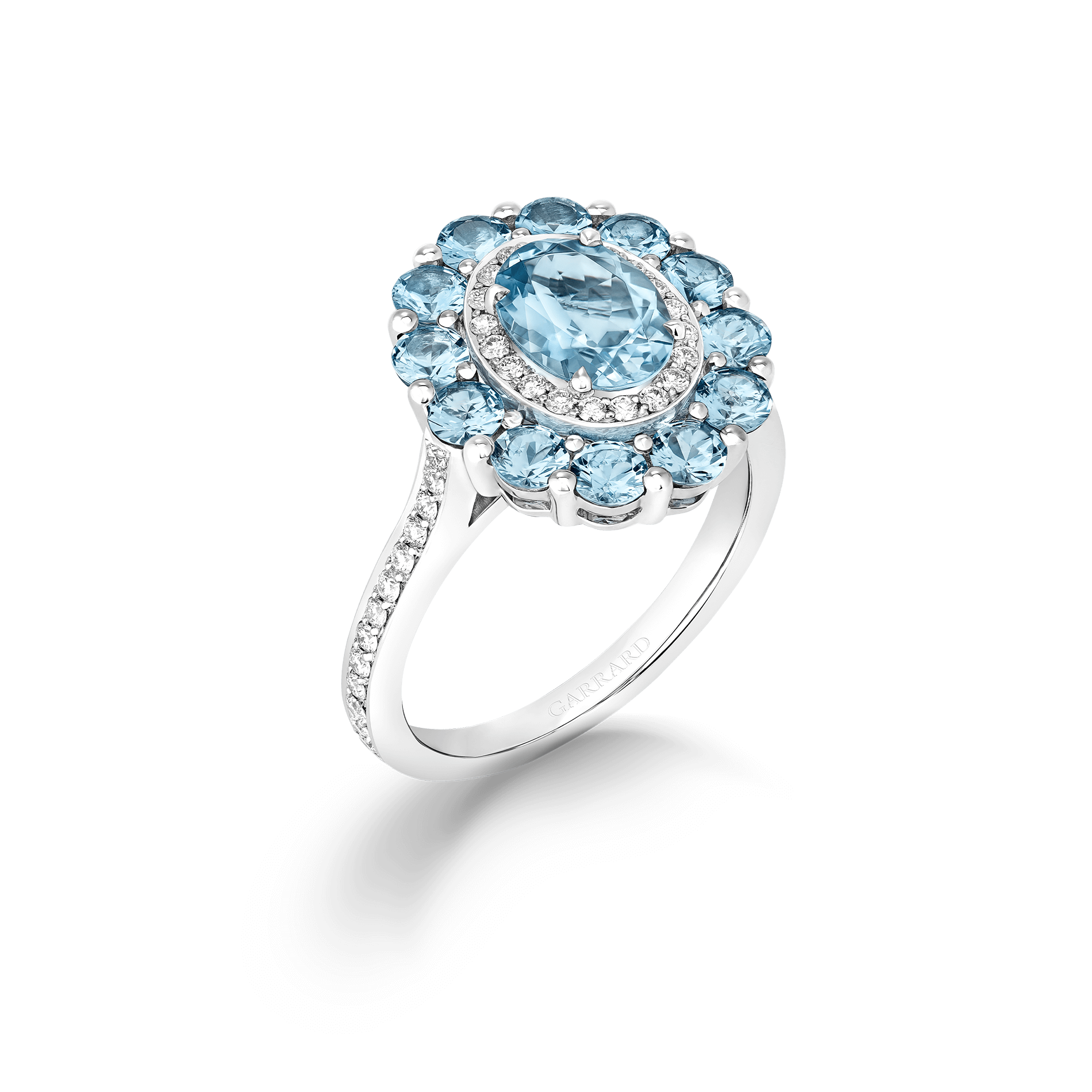 Garrard 1735 jewellery colelction Double Colour Cluster Aquamarine Ring In Platinum with Diamonds JR17PT20