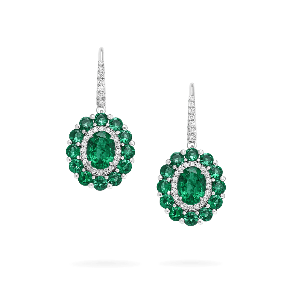 Garrard 1735 jewellery colelction Double Colour Cluster Emerald Drop Earrings In Platinum with Diamonds JE17PT20