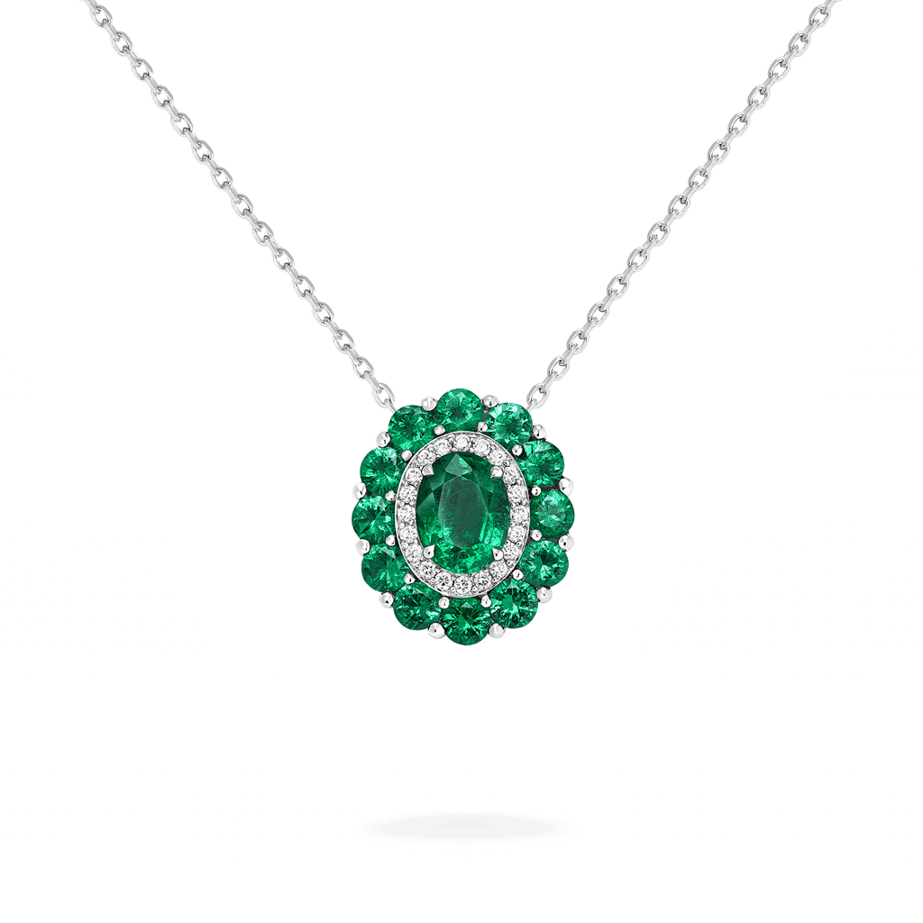 Garrard 1735 jewellery colelction Double Colour Cluster Emerald Pendant In Platinum with Diamonds JP17PT13