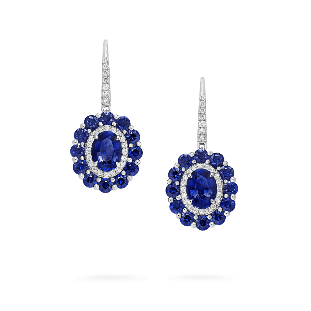 Garrard 1735 jewellery colelction Double Colour Cluster Sapphire Drop Earrings In Platinum with Diamonds JE17PT22