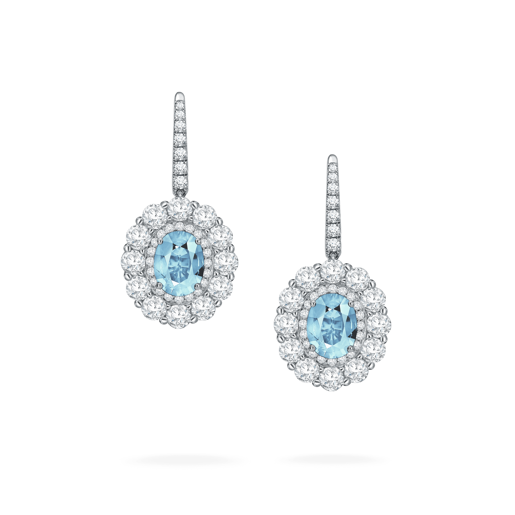 Garrard 1735 jewellery collection Aquamarine Double Cluster Earrings in platinum with Diamonds JE17PT17 Hero View