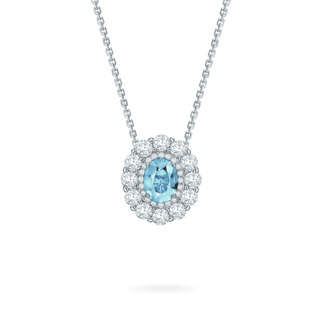 Garrard 1735 jewellery collection Aquamarine Double Cluster Pendant in Platinum with Diamonds JP17PT11 Hero View Fixed