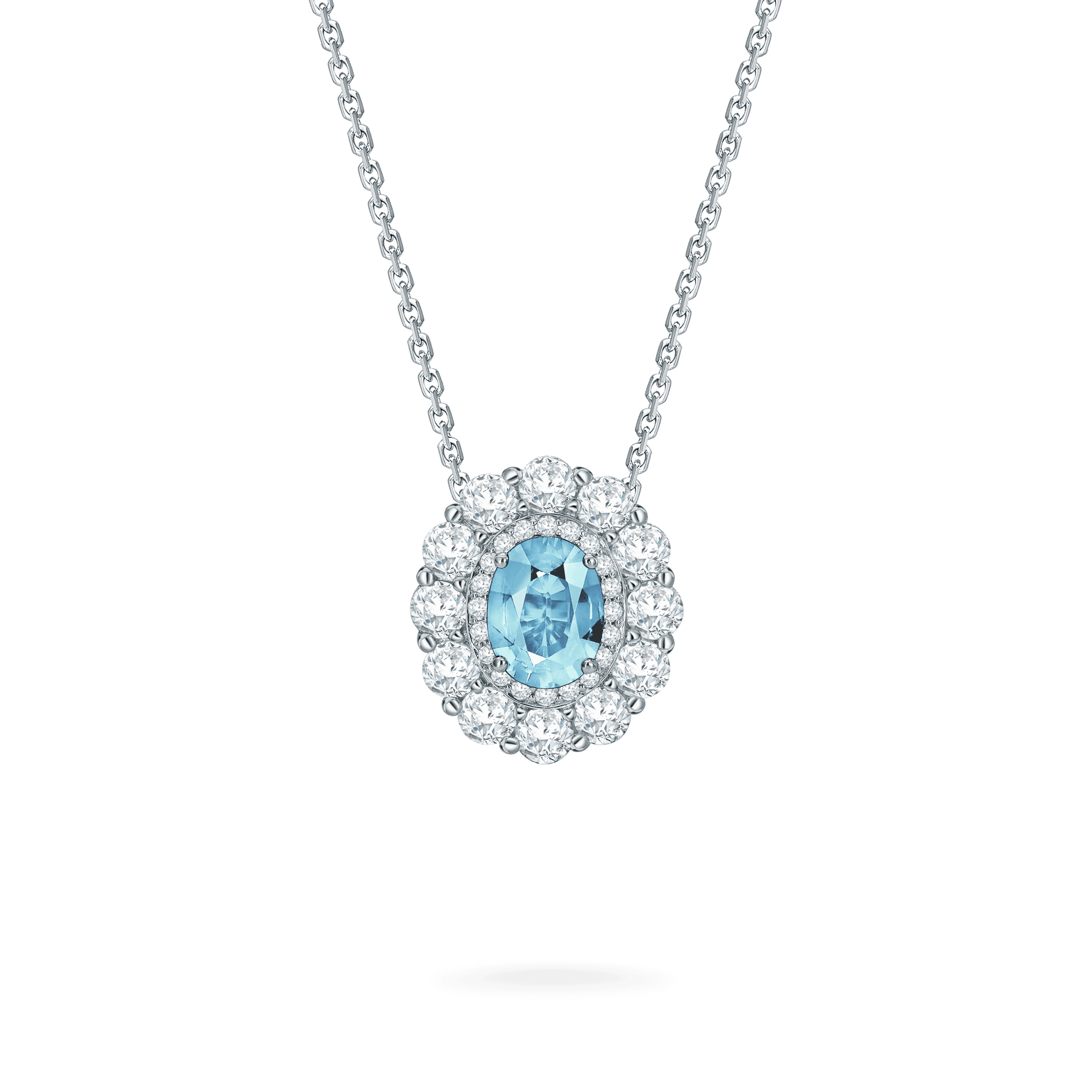 Garrard 1735 jewellery collection Aquamarine Double Cluster Pendant in Platinum with Diamonds JP17PT11 Hero View Fixed