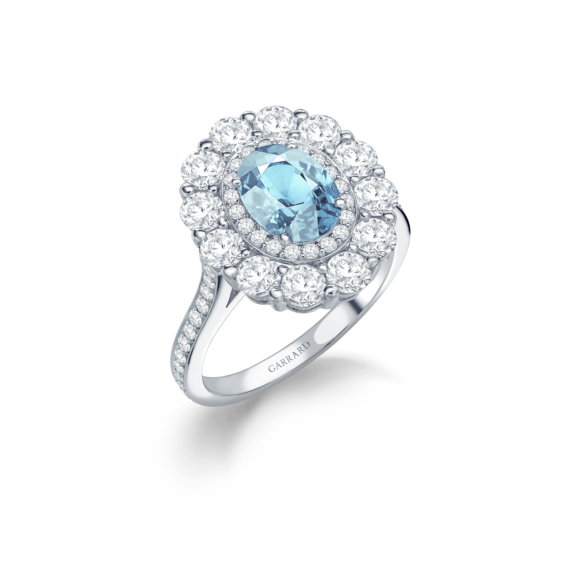 Garrard 1735 jewellery collection Aquamarine Double Cluster Ring In Platinum with Diamonds JR17PT11 Hero View