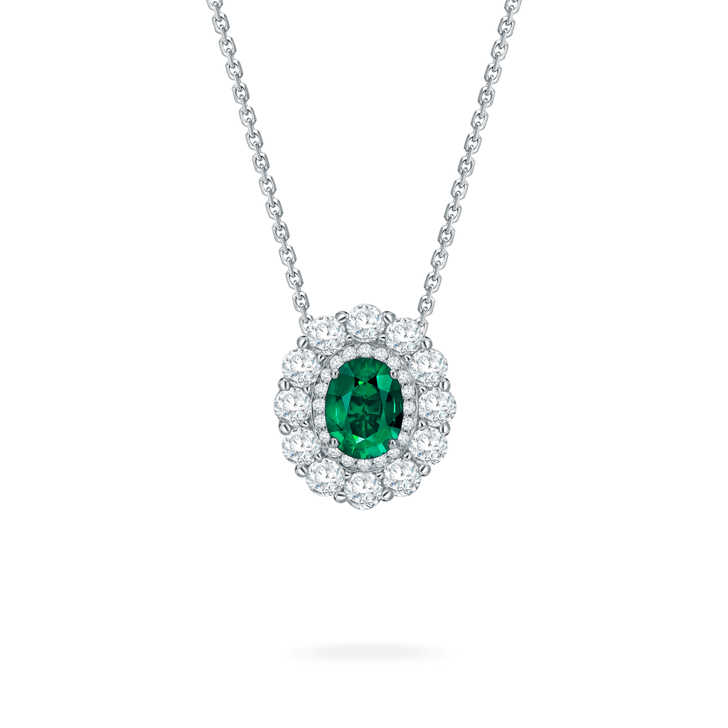 Garrard 1735 jewellery collection Emerald Double Cluster Pendant in Platinum with Diamonds JP17PT11 Hero View Fixed