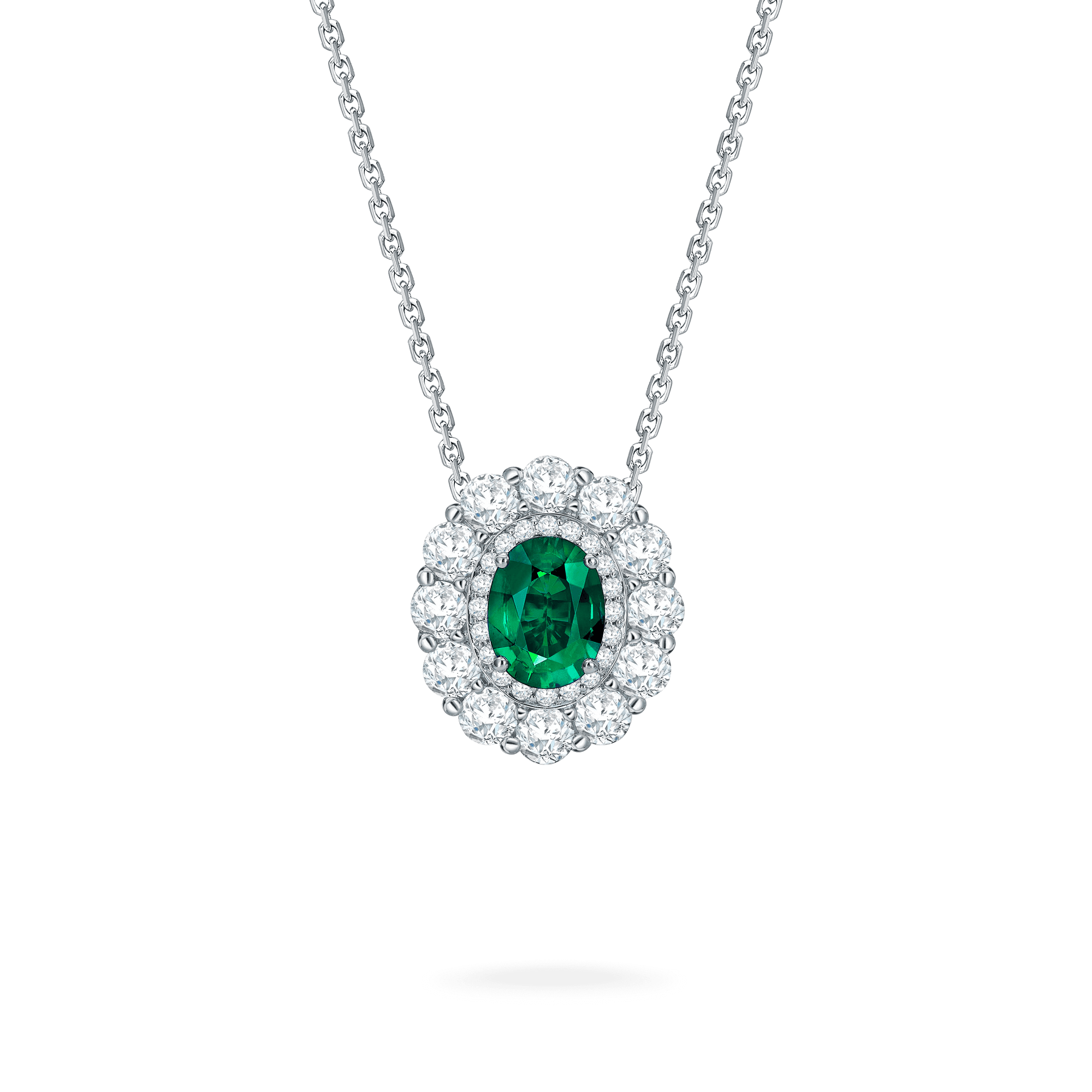 Garrard 1735 jewellery collection Emerald Double Cluster Pendant in Platinum with Diamonds JP17PT11 Hero View Fixed