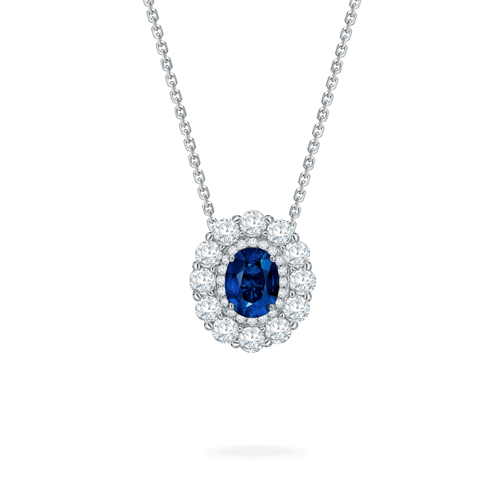 Garrard 1735 jewellery collection Sapphire Double Cluster Pendant in Platinum with Diamonds JP17PT11 Hero View