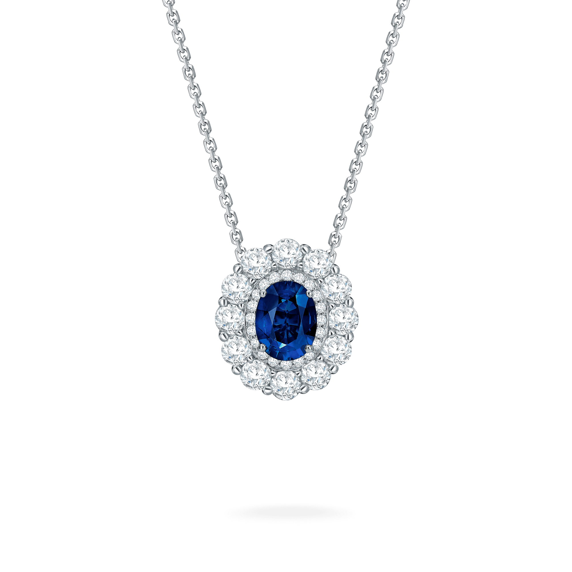 Garrard 1735 jewellery collection Sapphire Double Cluster Pendant in Platinum with Diamonds JP17PT11 Hero View