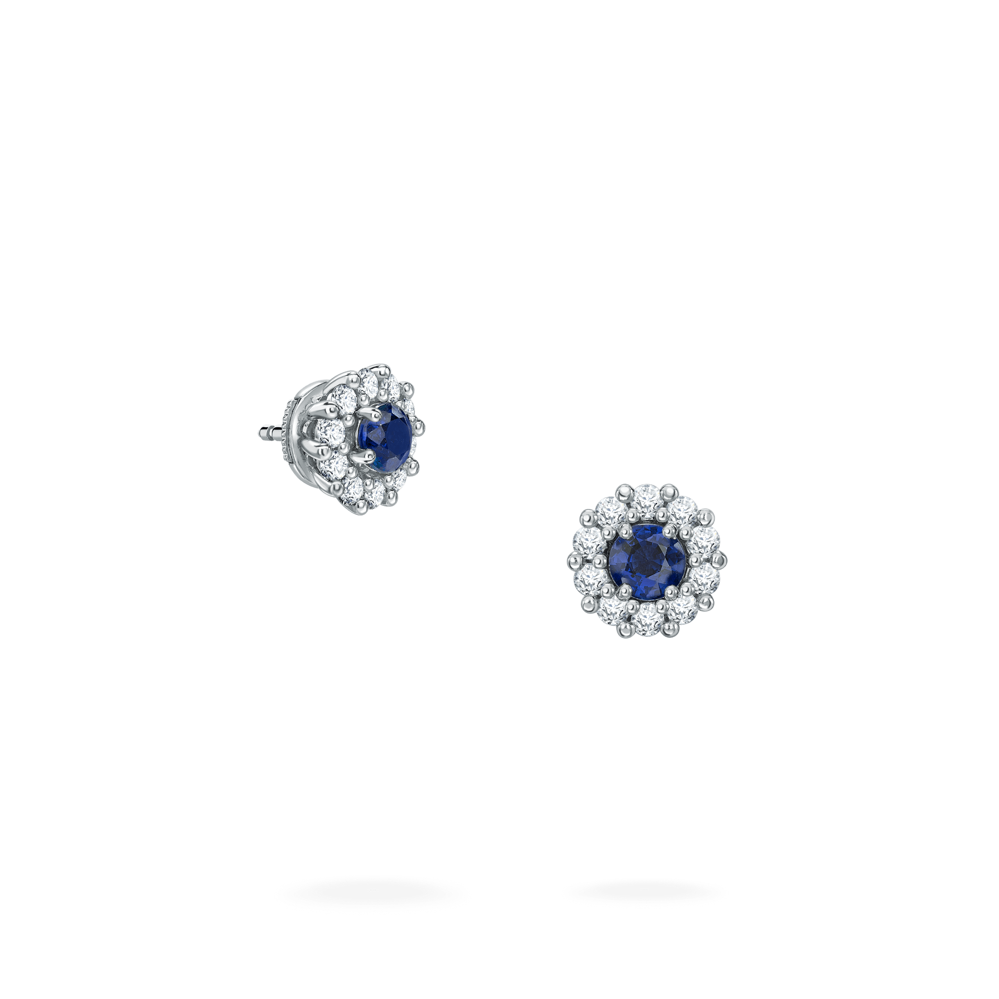 Garrard 1735 jewellery collection sapphire round stud earrings in platinum with diamonds JE17PT06 Hero View