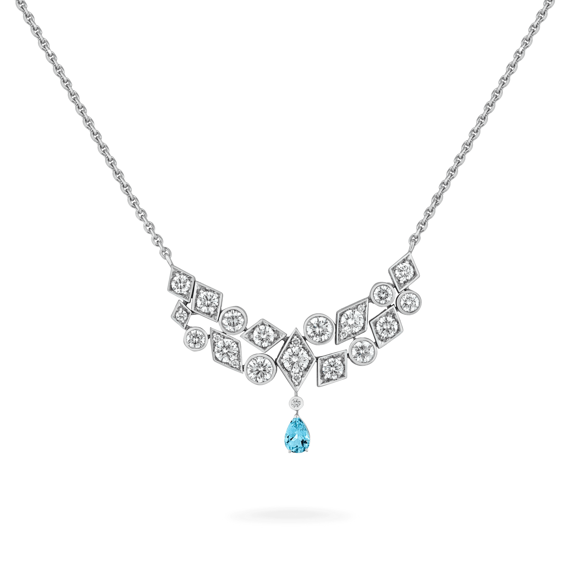 Garrard Albemarle Abstract jewellery Collection transformable diamond necklace in 18ct white gold Aquamarine drop 2017419 2017421 Hero View
