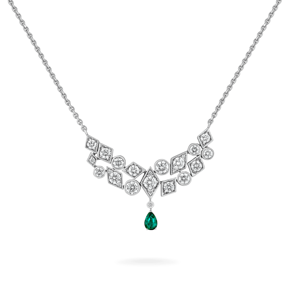 Garrard Albemarle Abstract jewellery Collection transformable diamond necklace in 18ct white gold emerald drop 2017419 2017420 Hero