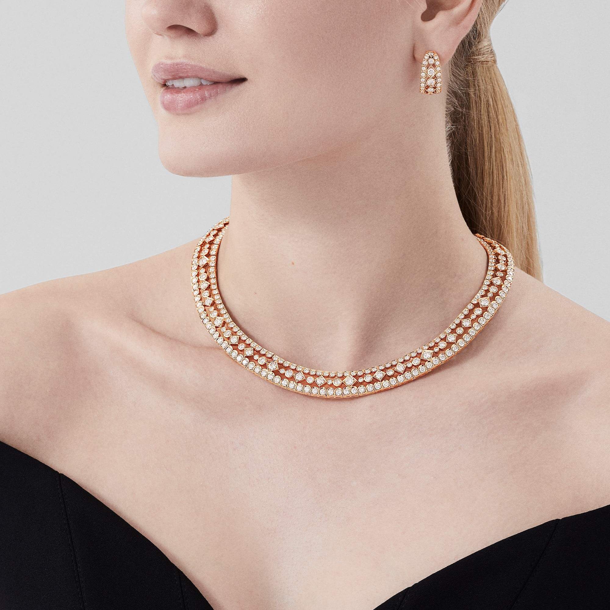 Garrard Albemarle Classic High Jewellery Suite Rose Gold Diamond Collar Necklace 2013306 and earrings 2013309 model