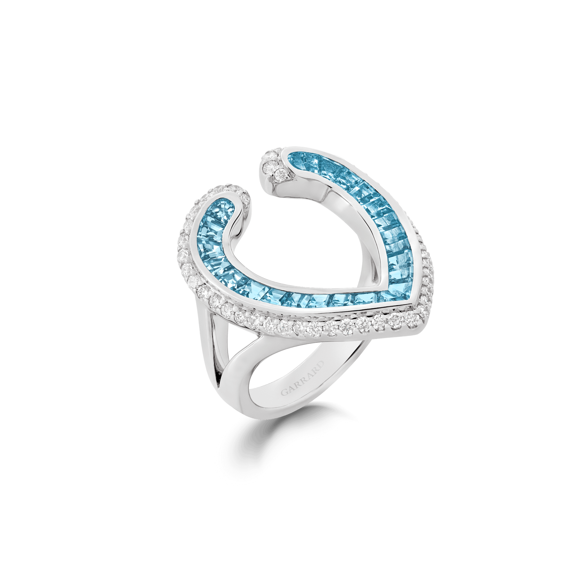 Garrard Aloria jewellery Collection calibre cut aquamarine ring in 18ct white gold with Diamonds 2017070 Hero View