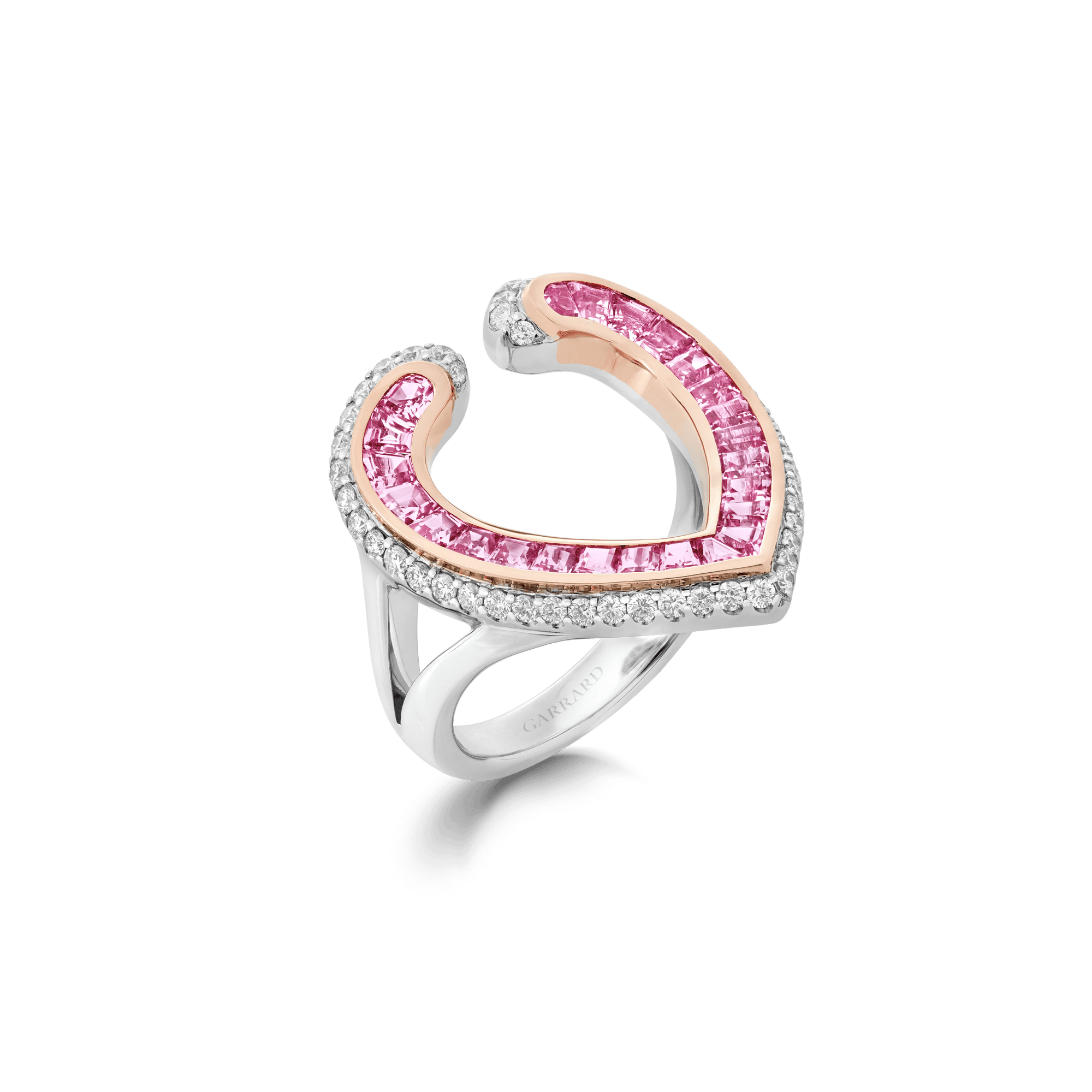 Garrard Aloria jewellery collection Calibre cut pink sapphire ring in 18ct rose gold with diamonds 2017069 Hero View