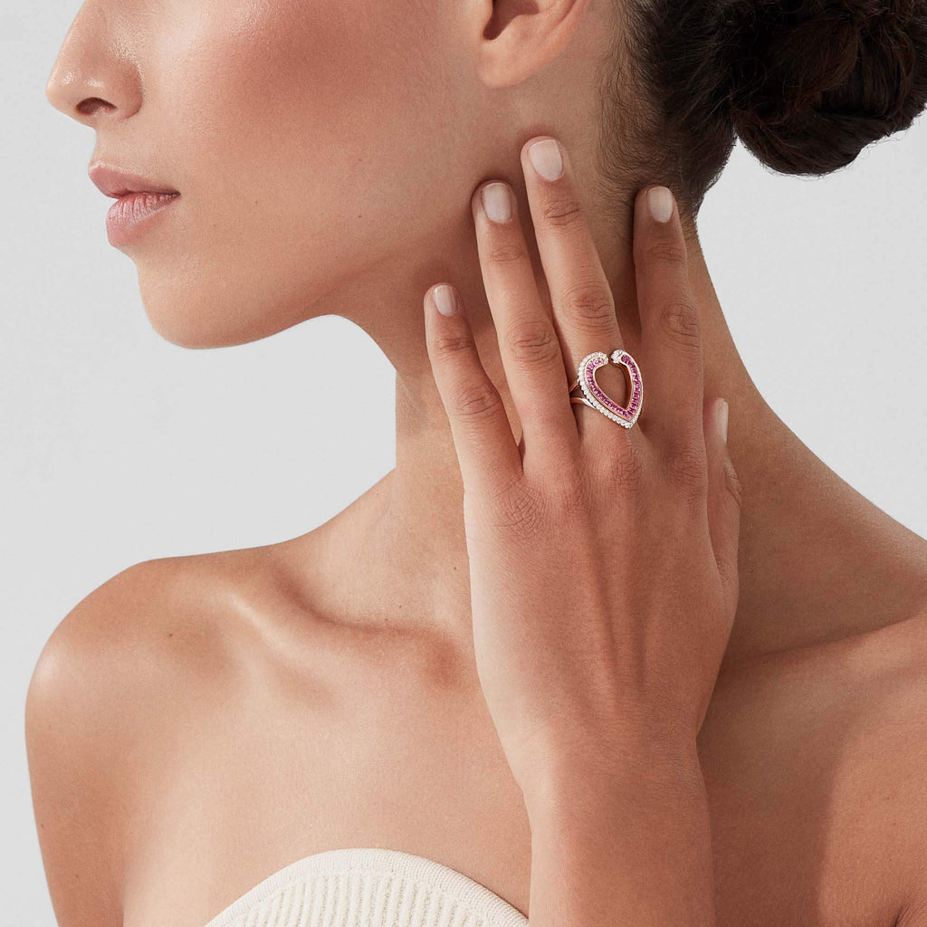 Garrard Aloria jewellery collection Calibre cut pink sapphire ring in 18ct rose gold with diamonds , 2017069, Model View