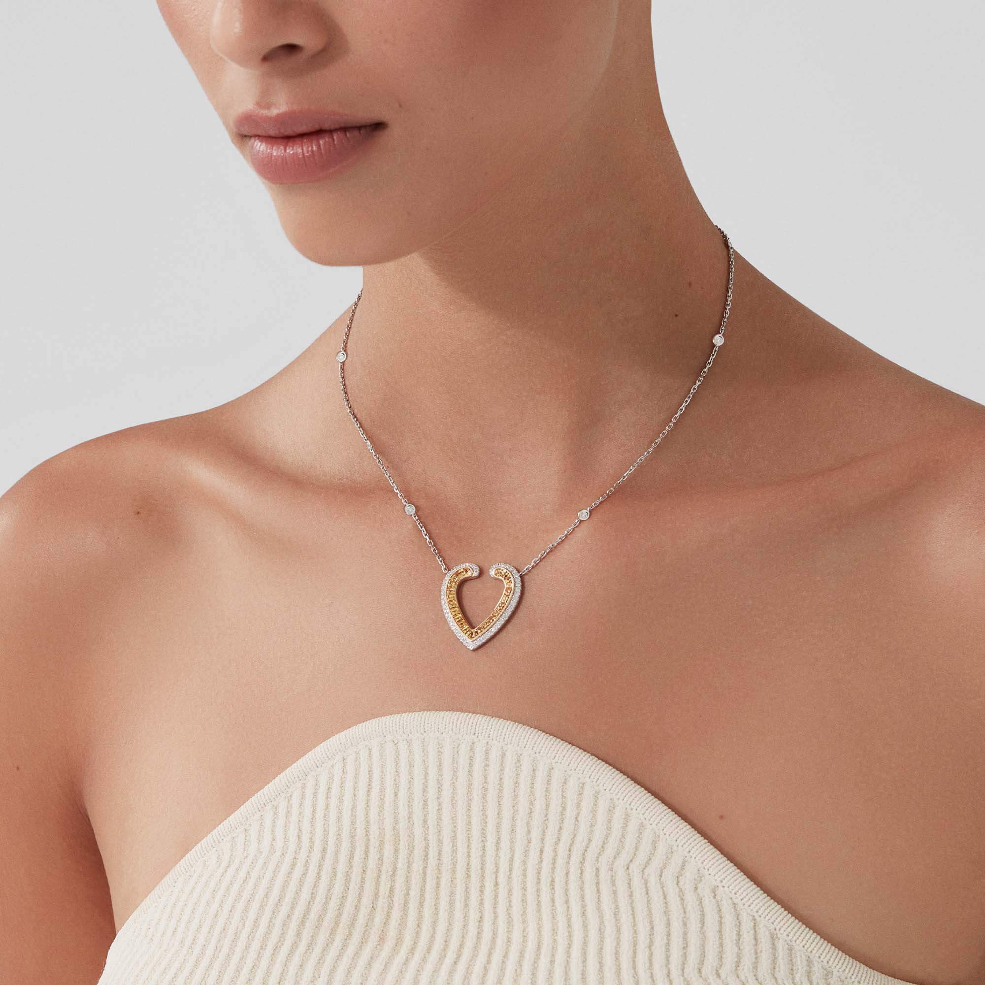 Garrard Aloria jewellery collection calibre cut Yellow sapphire pendant in 18ct white gold with diamonds, 2016942, Model View