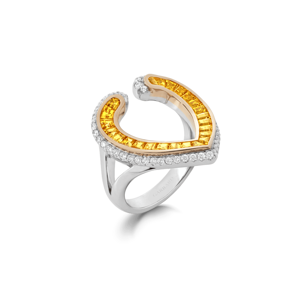 Garrard Aloria jewellery collection calibre cut yellow saphire ring in 18ct white and yellow gold with diamonds 2017052 Hero