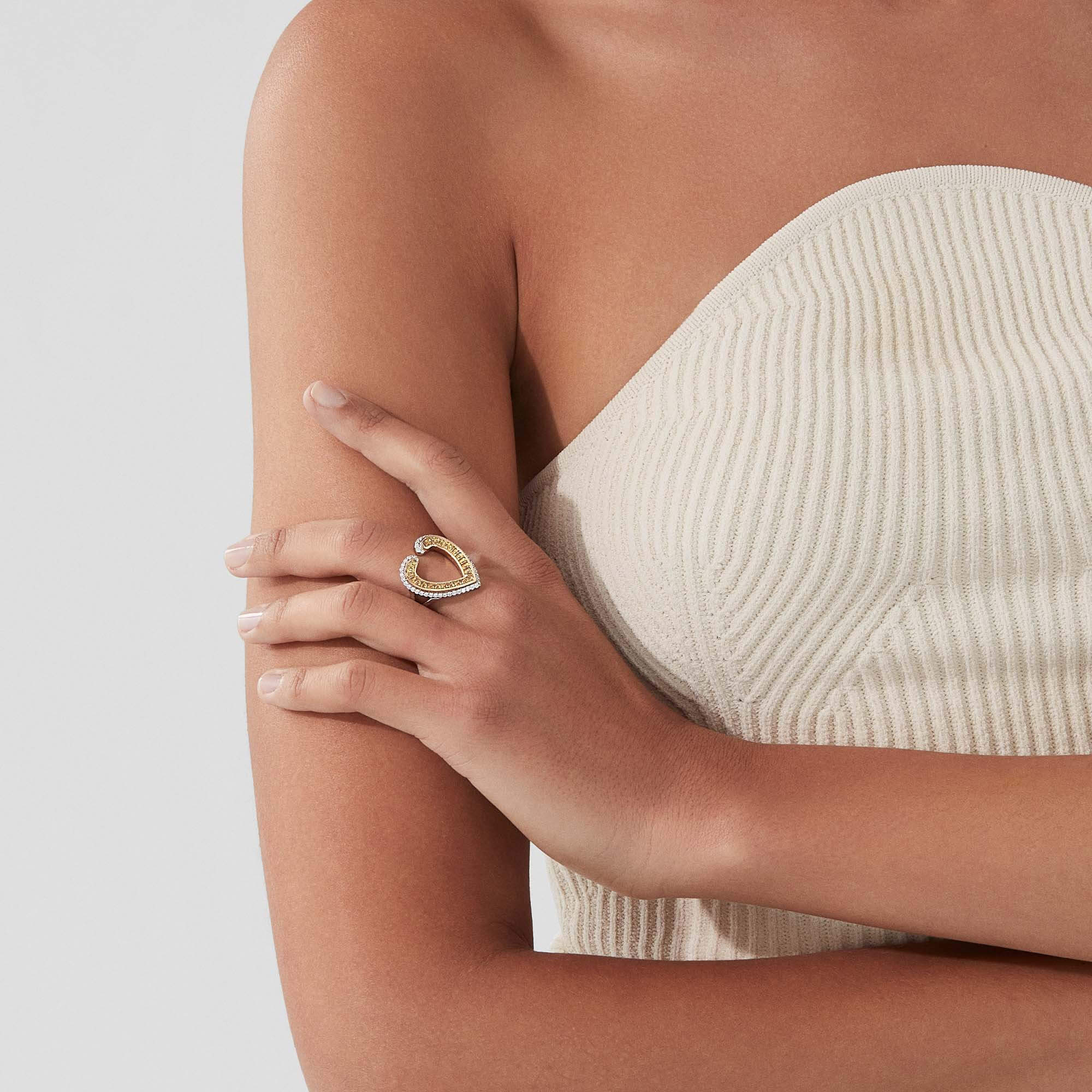 Garrard Aloria jewellery collection calibre cut yellow saphire ring in 18ct white and yellow gold with diamonds, 2017052, Model