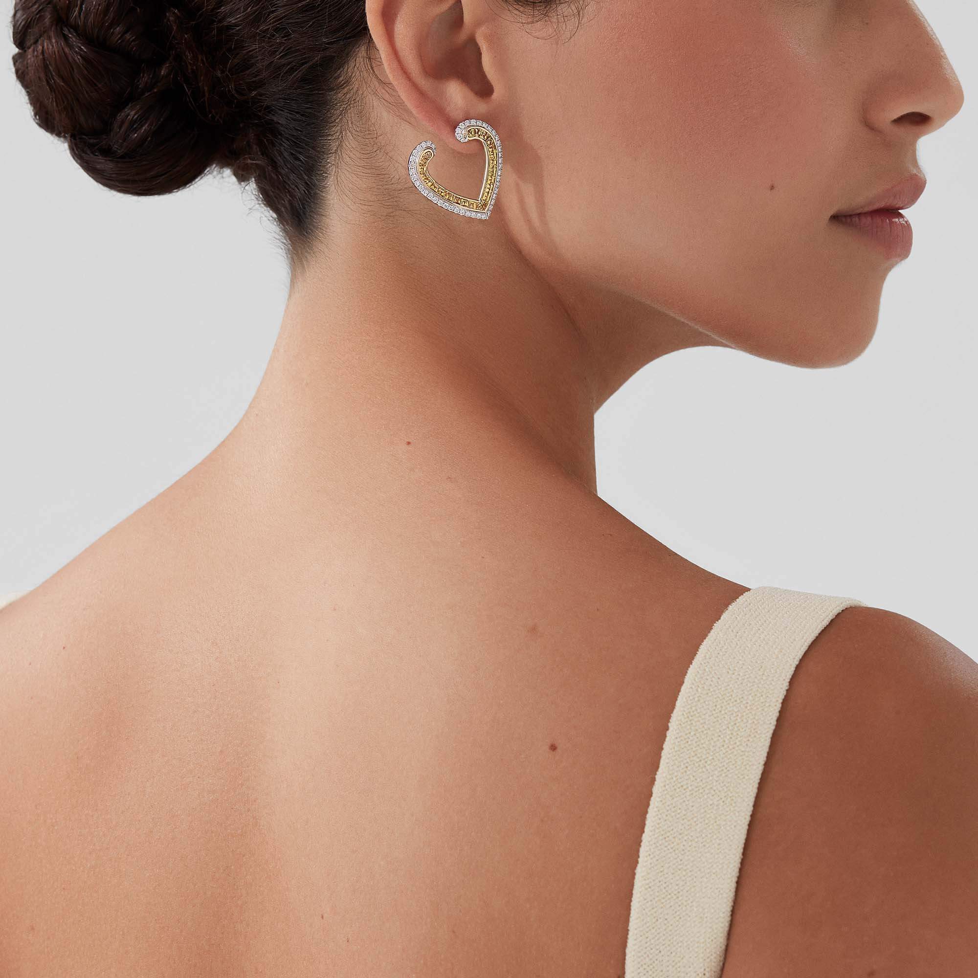 Garrard Aloria jewellery collection calibre cut yellow sapphire earrings in 18ct white gold with diamonds, 2016944, Model View