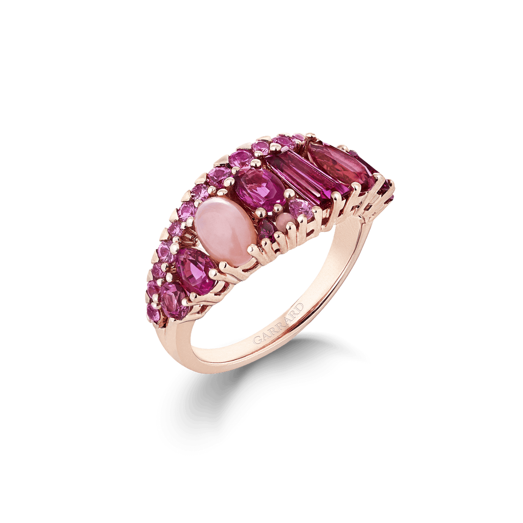 Garrard Blaze Collection 18ct rose gold band ring with pink sapphires rubellites and pink opals 2017675