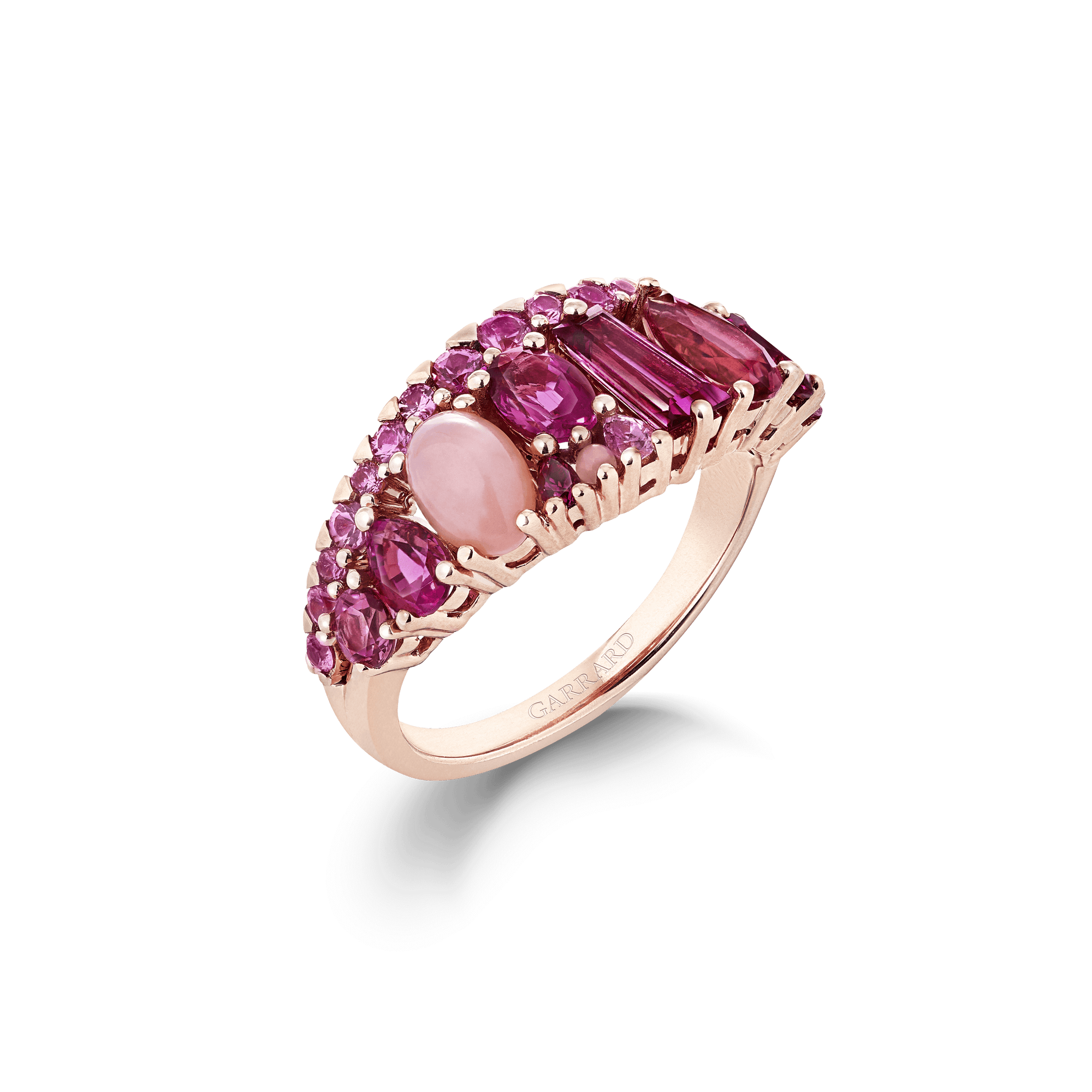 Garrard Blaze Collection 18ct rose gold band ring with pink sapphires rubellites and pink opals 2017675