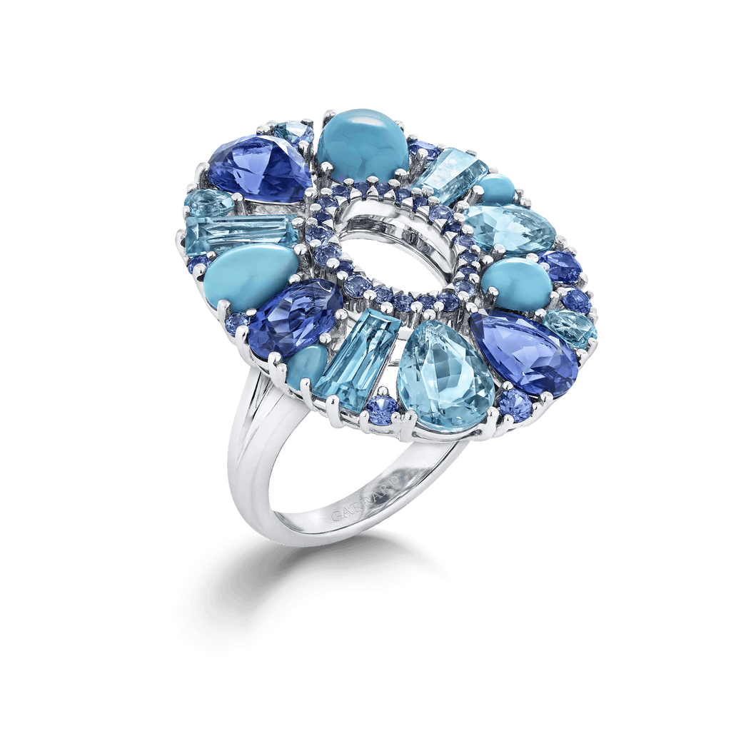 Garrard Blaze Collection 18ct white gold cocktail ring with blue sapphires tanzanites aquamarines blue topaz and turquoise 2017644