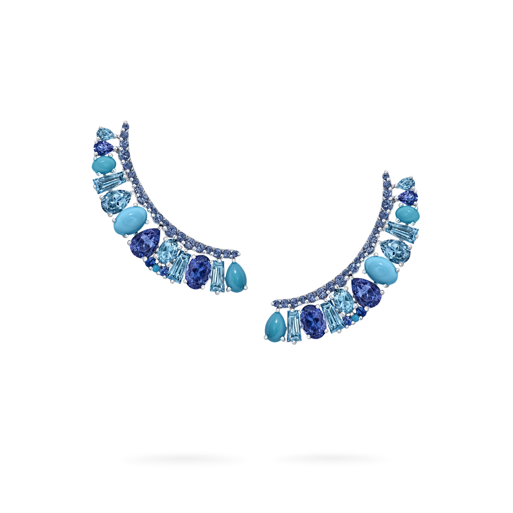 Garrard Blaze Collection 18ct white gold ear climbers with blue sapphires tanzanites aquamarines blue topaz and turquoise 2017661 1