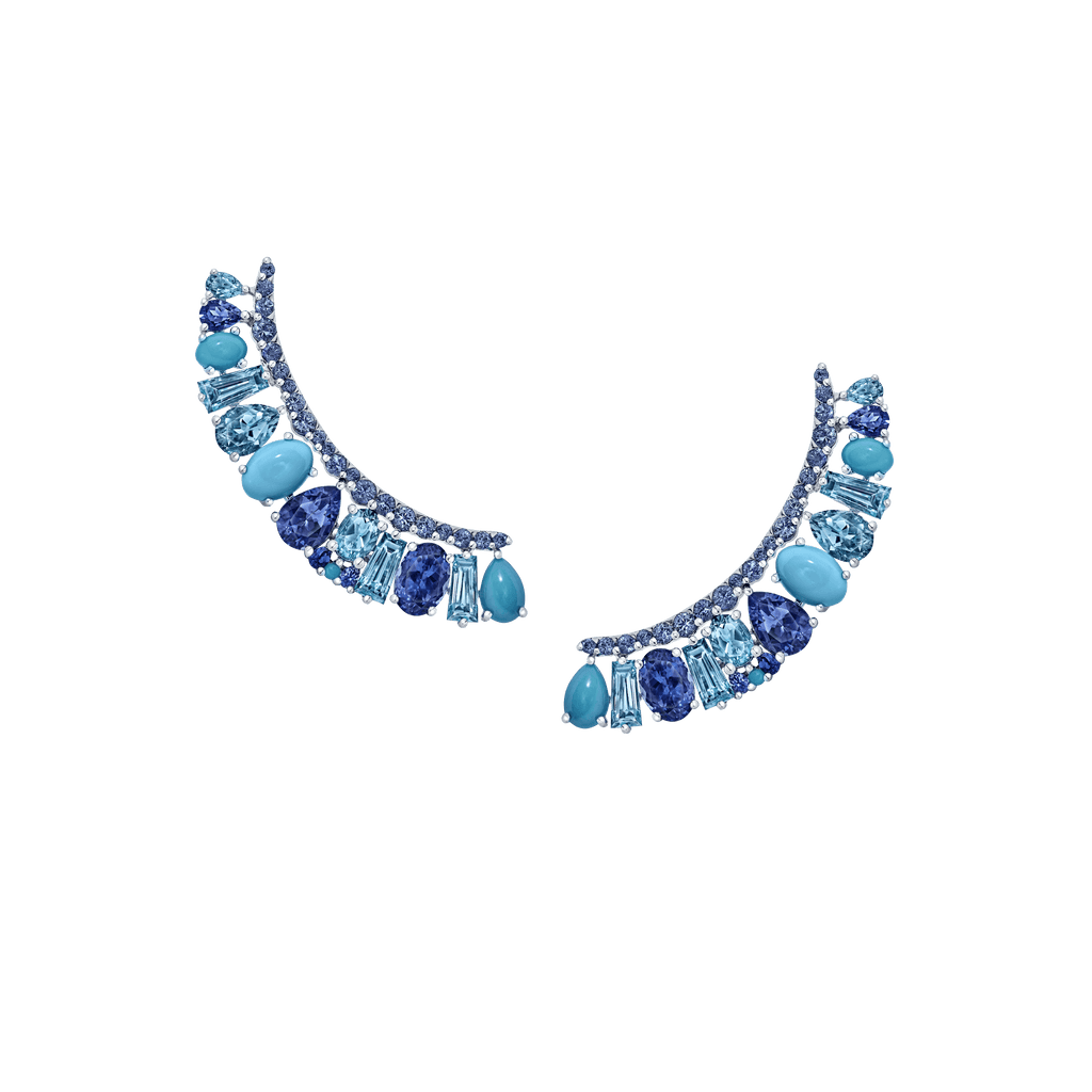 Garrard Blaze Collection 18ct white gold ear climbers with blue sapphires tanzanites aquamarines blue topaz and turquoise 2017661