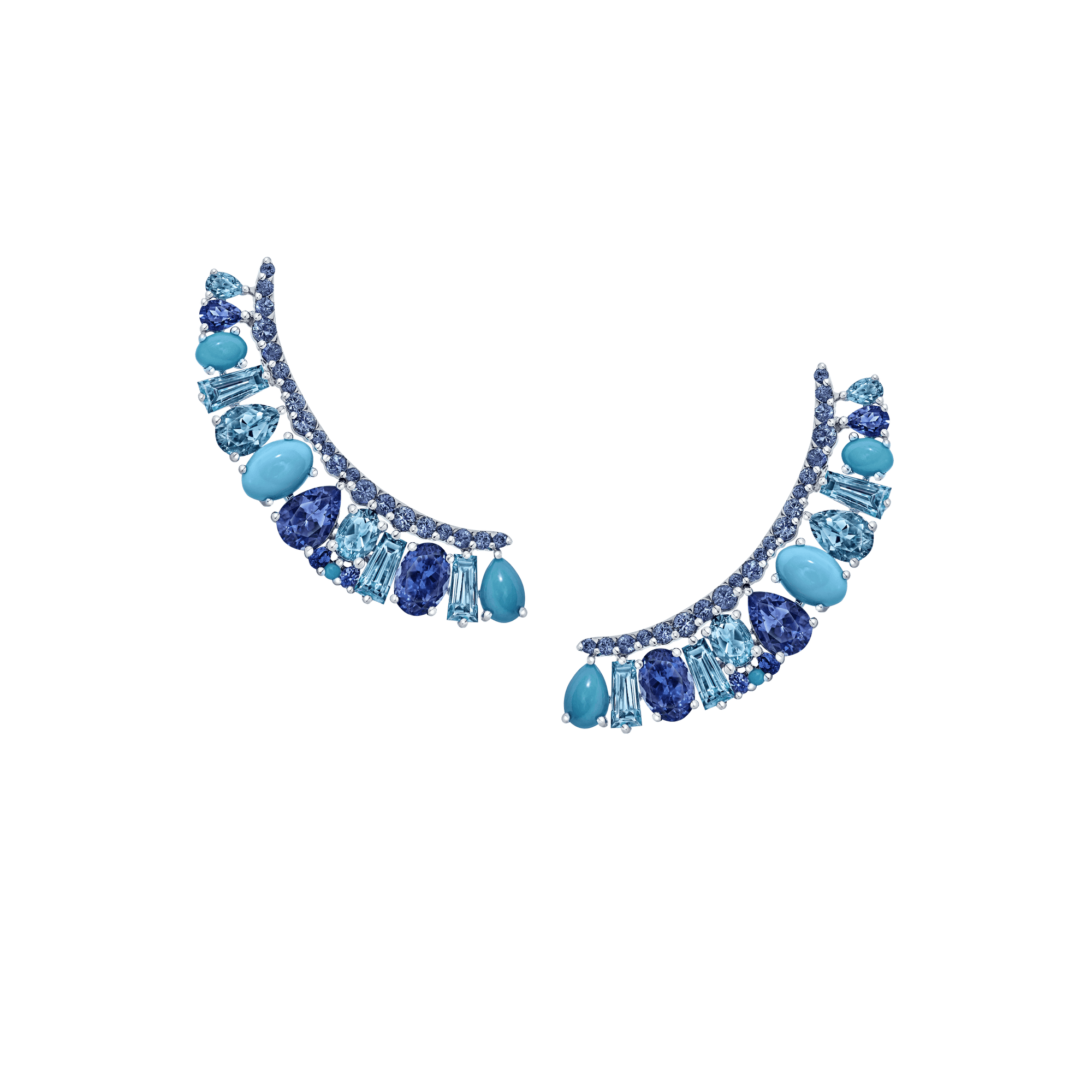 Garrard Blaze Collection 18ct white gold ear climbers with blue sapphires tanzanites aquamarines blue topaz and turquoise 2017661