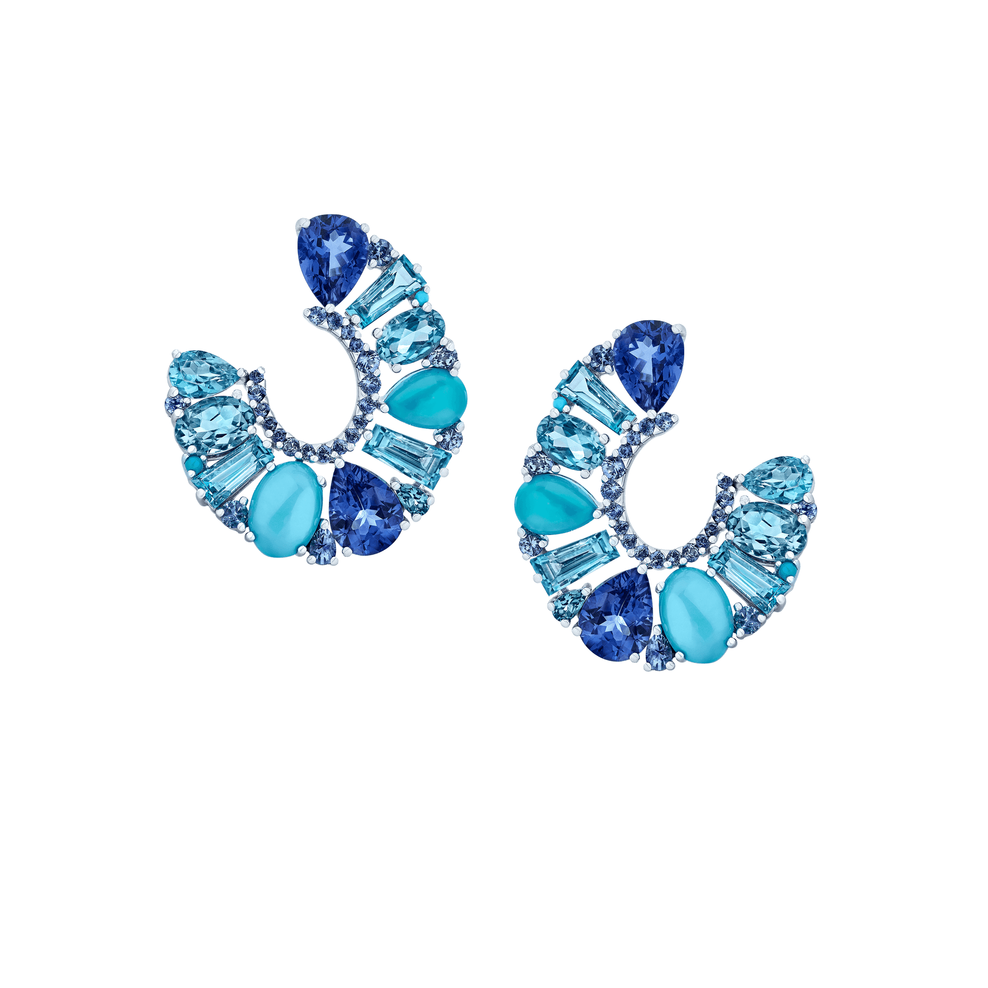 Garrard Blaze Collection 18ct white gold hoop earrings with blue sapphires tanzanites aquamarines blue topaz and turquoise 2017665