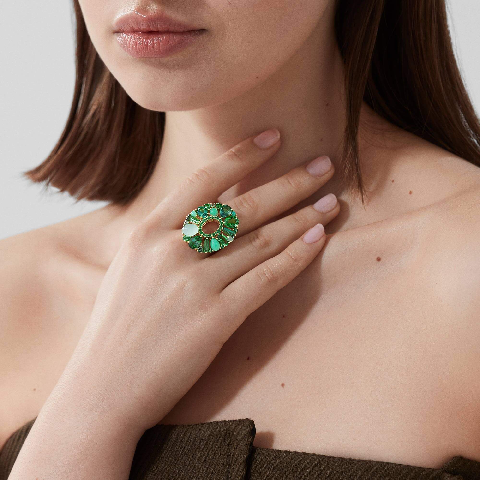 Garrard Blaze Green Sapphire, Green Tourmaline, Tsavorite And Chrysoprase Cocktail Ring In 18ct Yellow Gold 2017646 Model