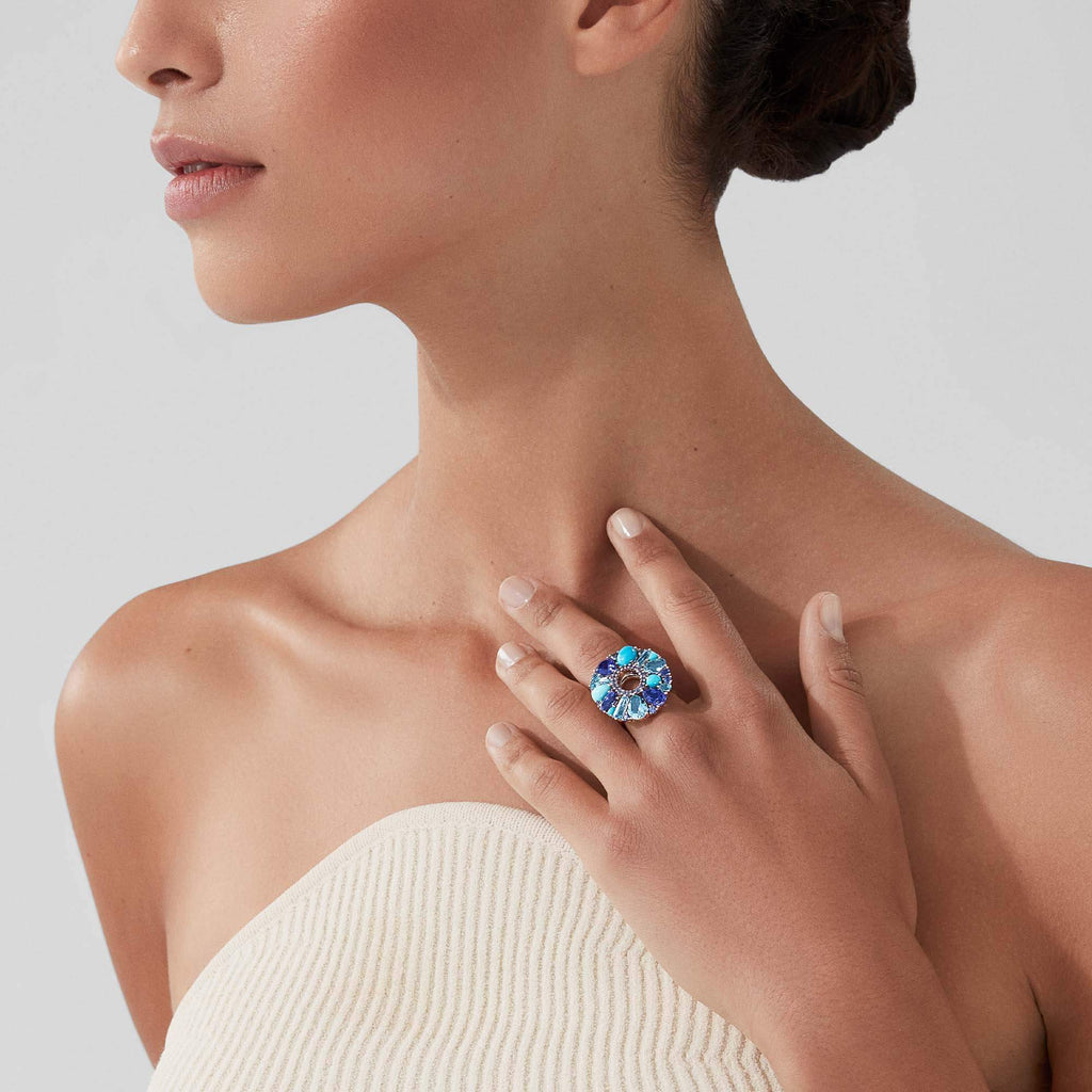 Garrard Blaze Jewellery Collection blue sapphires, tanzanites, aquamarines, blue topaz and turquoise cocktail ring in 18ct white gold, 2017644, Model