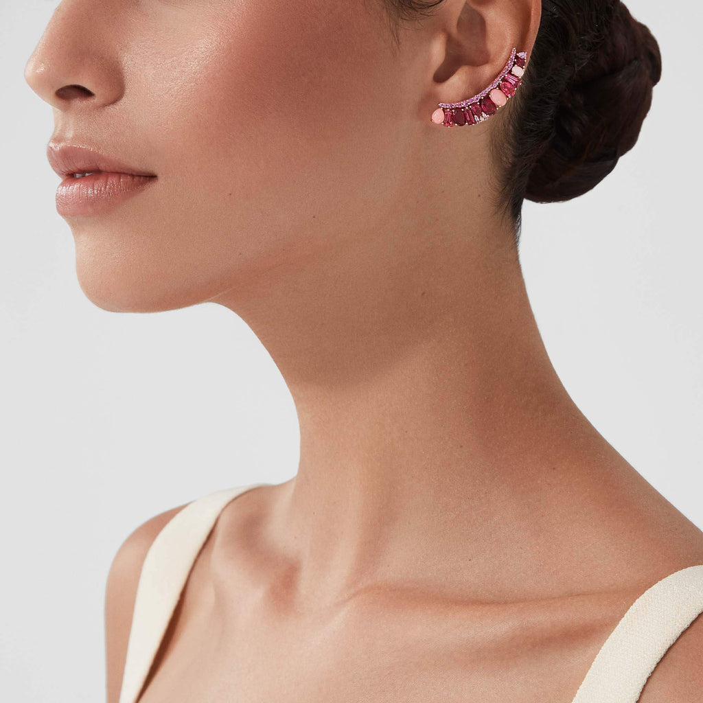 Garrard Blaze Jewellery Collection pink sapphires, rubellites and pink opals ear clibmers in 18ct rose gold, 2017663, Model