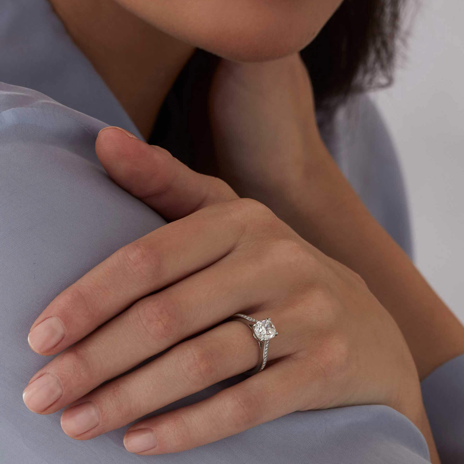 Garrard Bridal collection Cherish Cushion Cut Diamond Solitaire Engagement Ring In 18ct White Gold with Diamond 2017571 on model