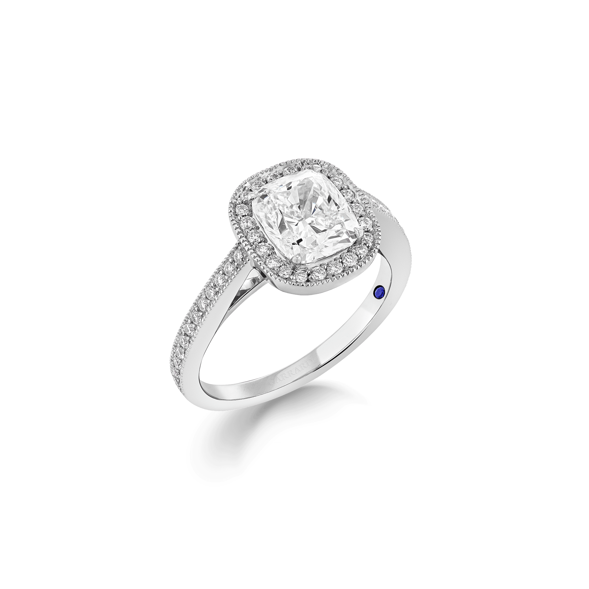 Garrard Bridal collection Evermore Cushion Cut Diamond Halo Engagement Ring In Platinum with Diamonds JREVPT01 2017569 Hero 1