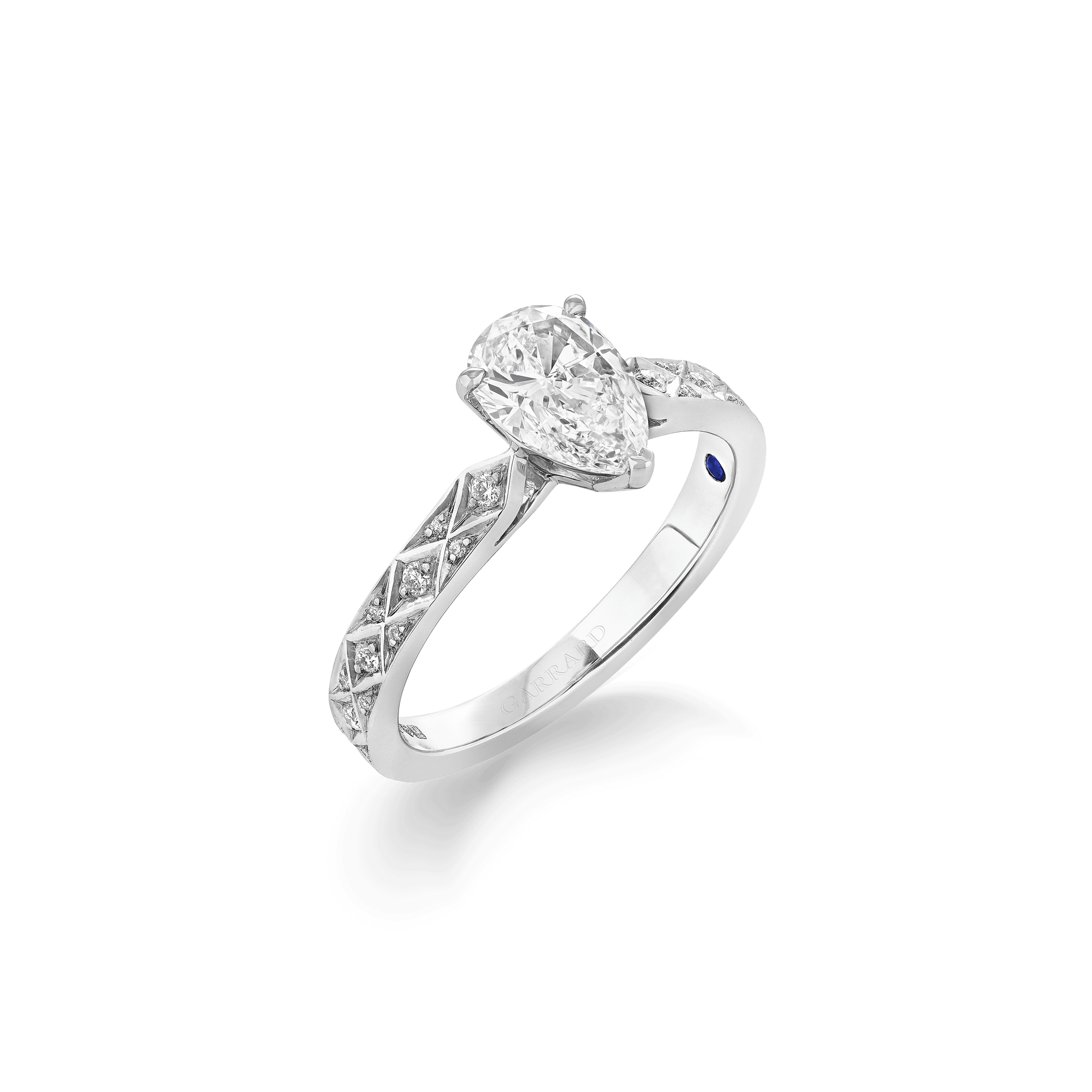Garrard Bridal collection Signature Pear Shape Diamond Solitaire Engagement Ring In Platinum with Diamonds JRSGPT01 2017577 HERO 1