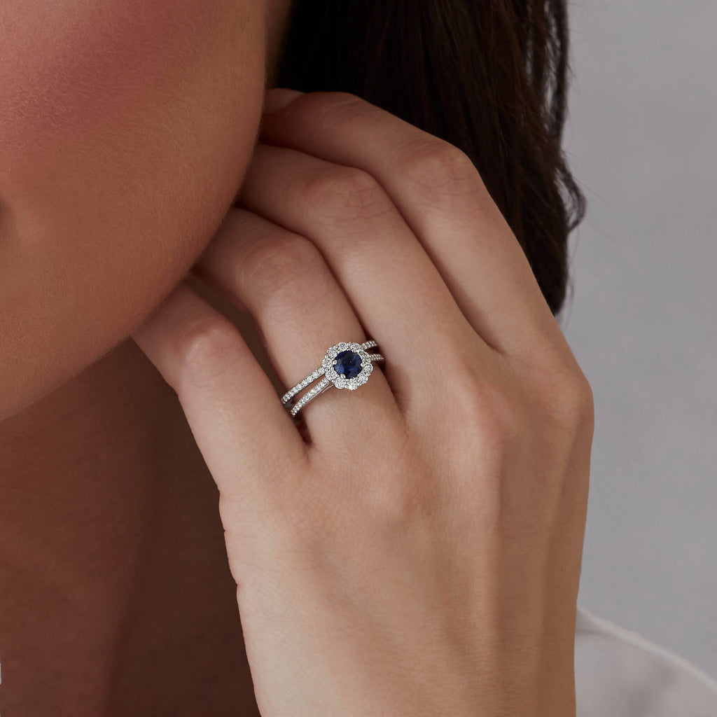 Garrard Bridal jewellery collection 1735 Diamond Eternity Band in Platinum1.5mm 2015351 and sapphire enagement ring On model 1