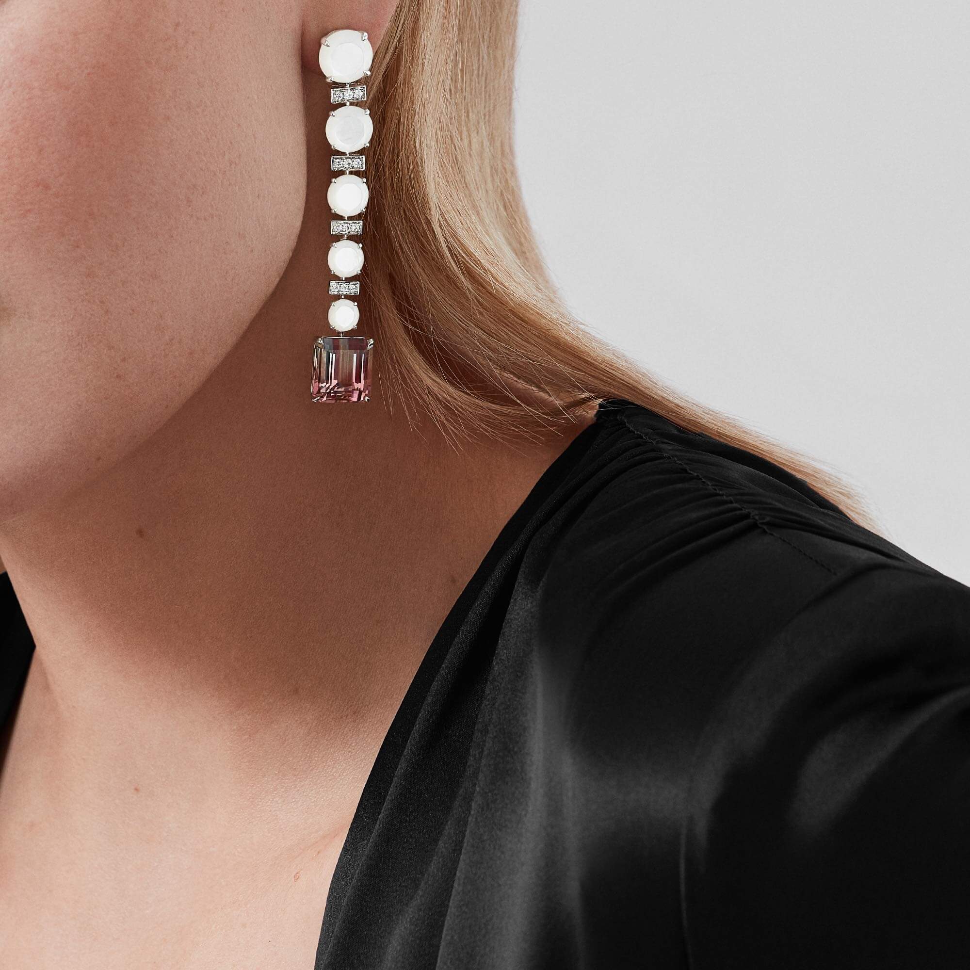 Garrard Couture Desert Rose Drop Earrings In 18ct White Gold with Bi Colour Tourmalines Diamonds and Mother of Pearl 2018133 model