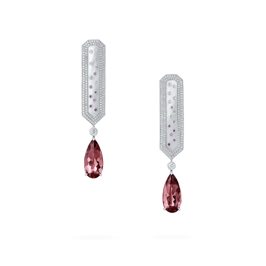 Garrard Couture Desert Rose Panel Earrings In 18ct White Gold with Tourmalines Diamonds Pink Sapphires and Mother of Pearl 2018132